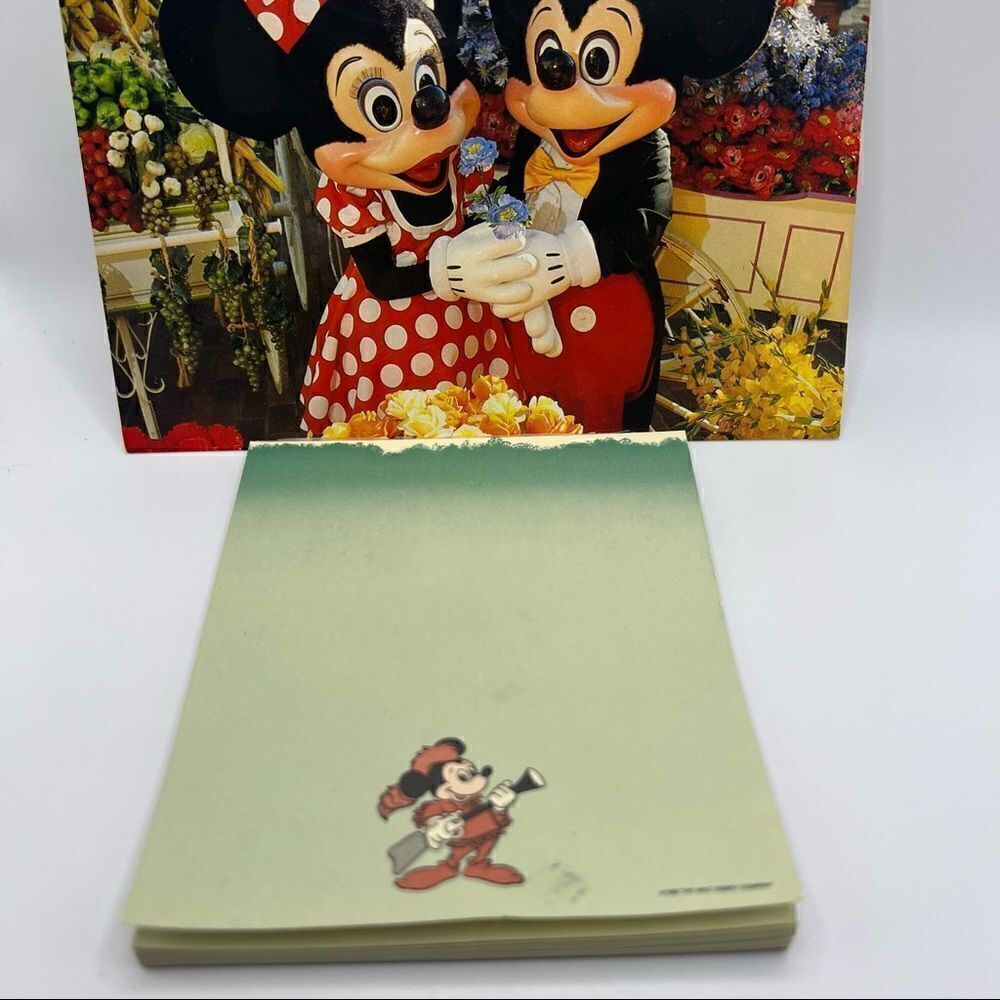 Vintage 1986 Disney Mickey Mouse Davy Crockett Notepad & Flower Market Postcard